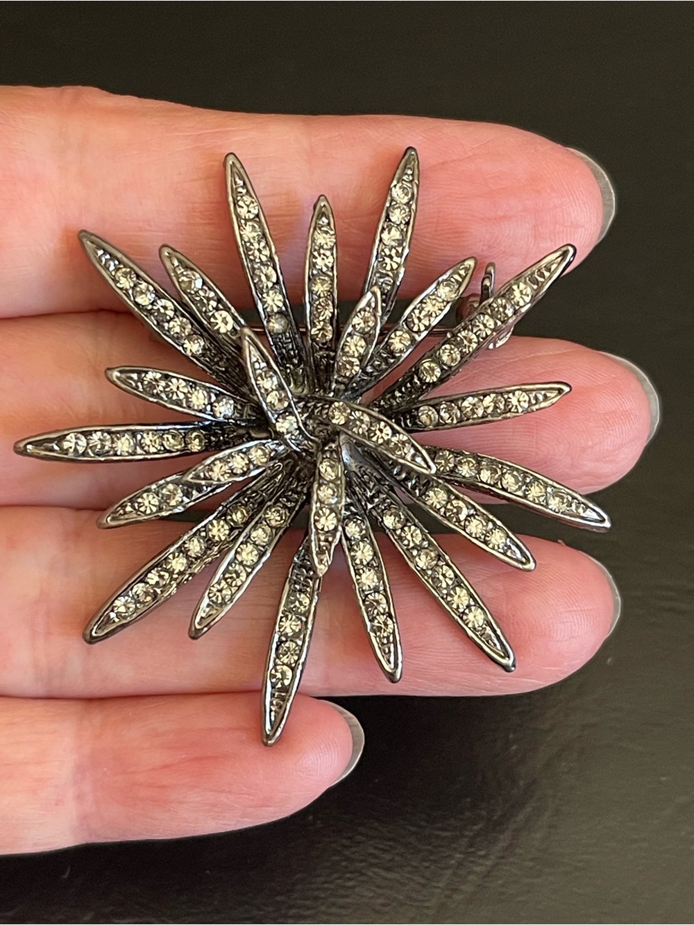 Crystal Starburst Brooch — Gunmetal and Clear Rhinestones
